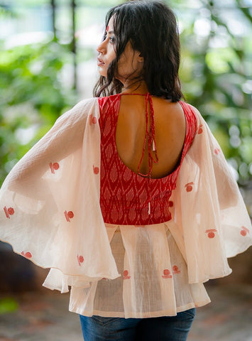 Ikat Jamdani Flare Blouse | blouse with red jamdani | Handloom tops and Handloom blouses