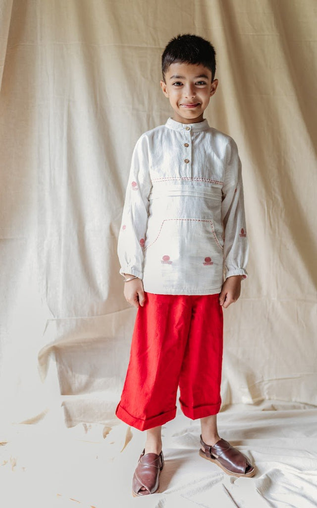 Shvet Kids- Jamdani white shirt and red pants set Twinning Dress
