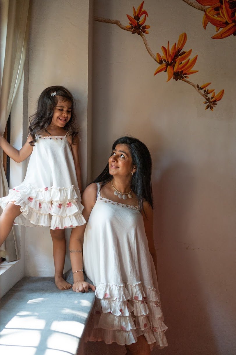 TWINNING- Shvet White Frill top | mom daughter twinning dress |Handloom Cotton | Shvet | Prathaa