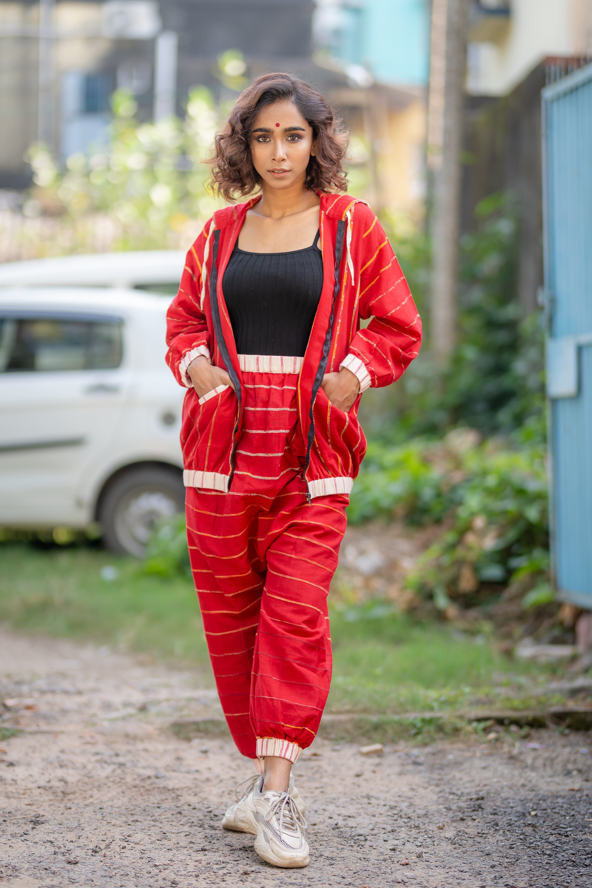 Red Khesh Unisex Hoodie Set-PRATHAA | unisex hoodie with drop crotch pant