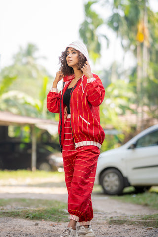 Red Khesh Unisex Hoodie Set-PRATHAA | Unisex hoodies set with Drop crotch joggers
