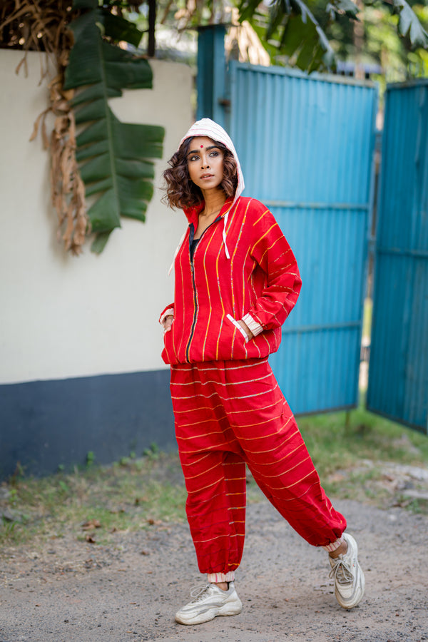 Red Khesh Unisex Hoodie Set-PRATHAA | hoodie set unisex with drop crotch pants   