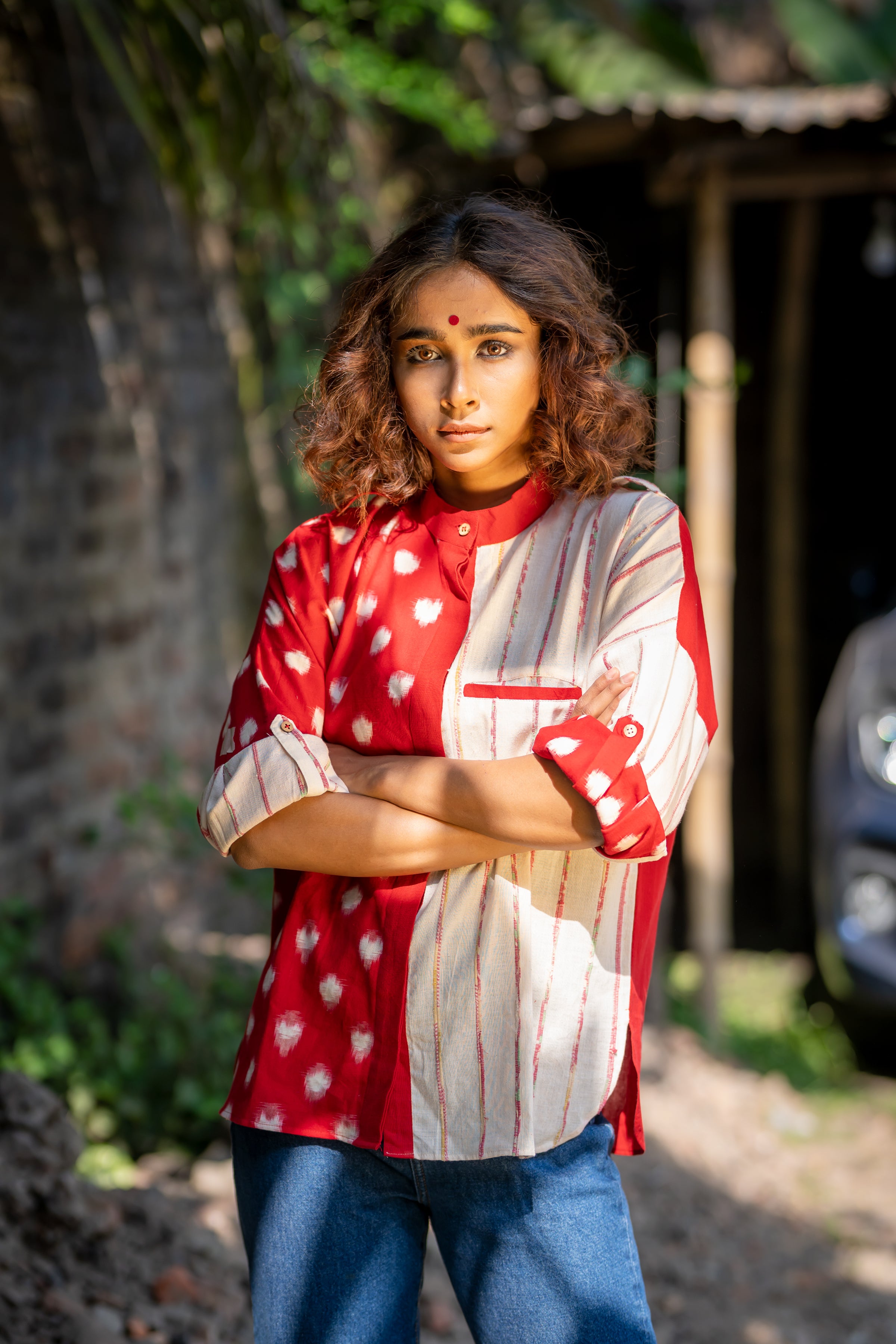 Red and white handloom half n half Hiji Biji shirt from Prathaa