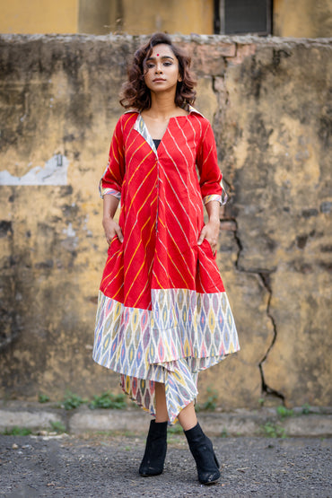 Euphoria - Red Khesh Asymmetrical Shirt Dress-PRATHAA