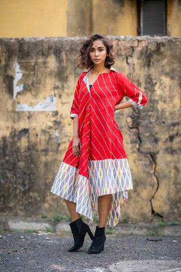 Euphoria - Red Khesh Asymmetrical Shirt Dress-PRATHAA