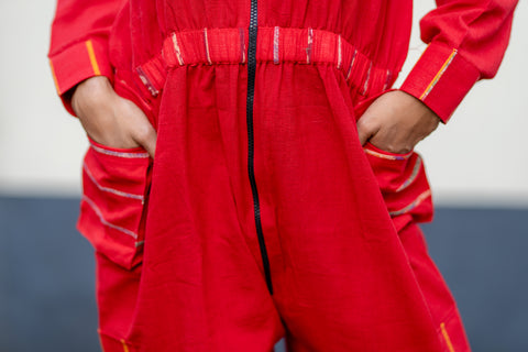 Red Handloom Cotton Cargo Jumpsuit-PRATHAA | women's utility cargo jumpsuit