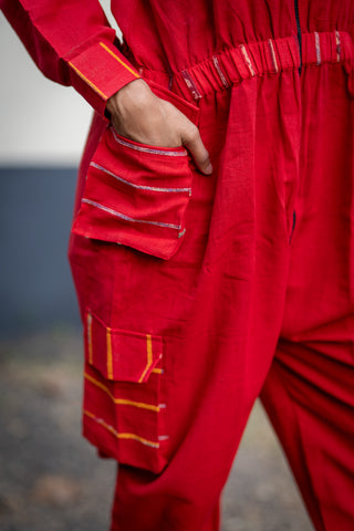 Red Handloom Cotton Cargo Jumpsuit-PRATHAA | red cargo jumpsuit womens