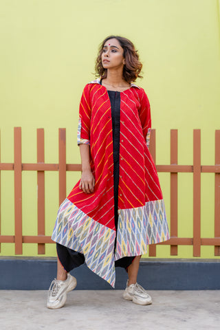 Euphoria - Red Khesh Asymmetrical Shirt Dress-PRATHAA | tshirt dress for women