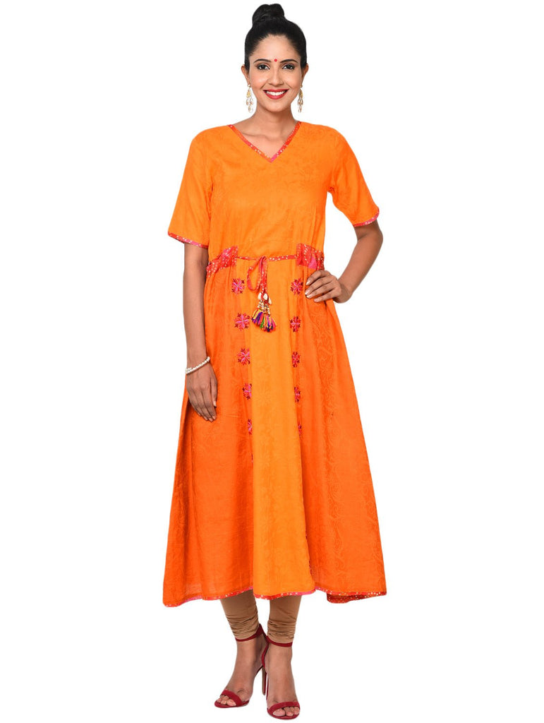 Tunic - Orange Flare Tunic with Intricate Embroidery - Prathaa