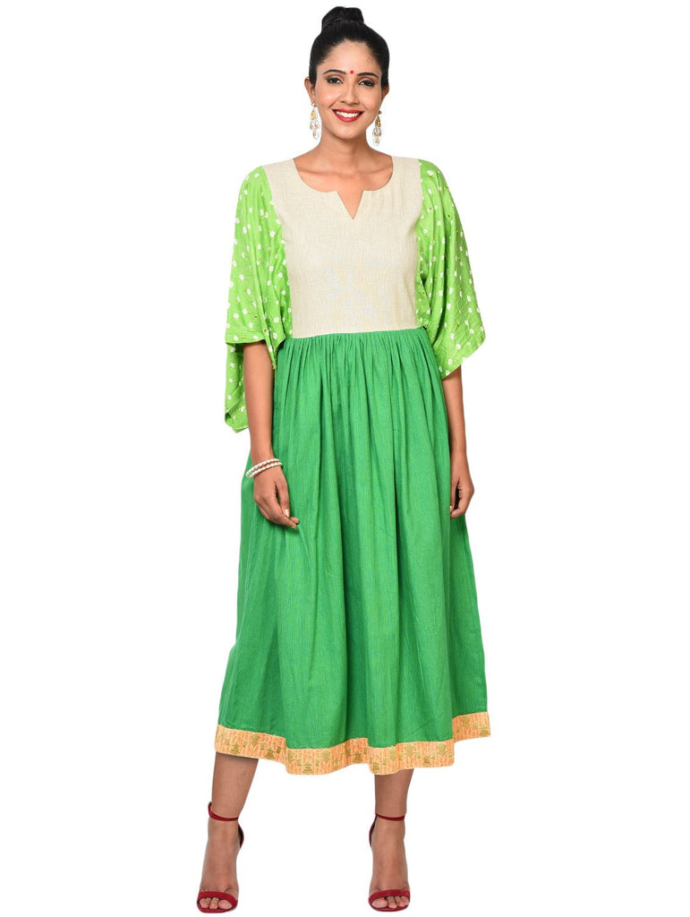 Dress - Green Flare Sleeve Dress - Prathaa