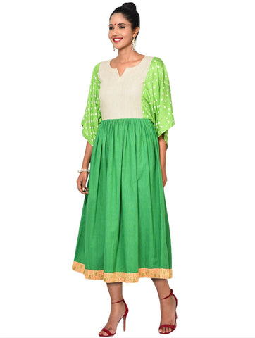 Dress - Green Flare Sleeve Dress - Prathaa
