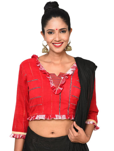 Red Bengali Khesh Blouse With Frill Sleeves | Prathaa | bengali saree blouse | festive look in saree