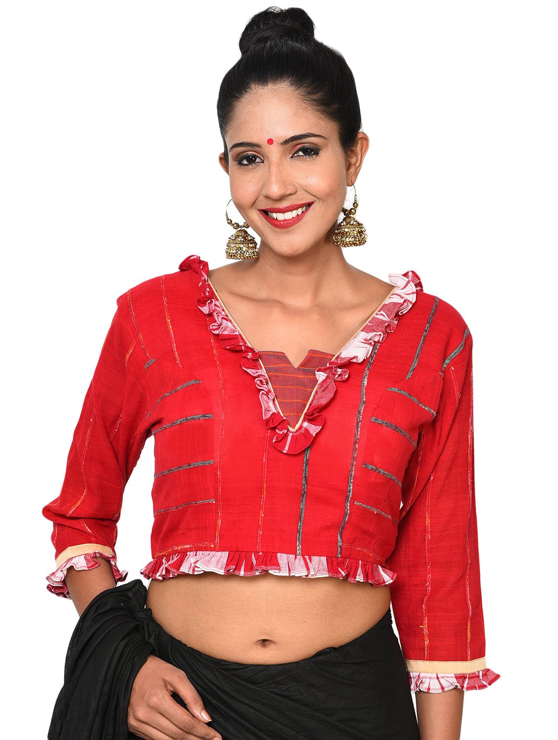 Blouse - Bengali traditional blouse with frill sleeves - Prathaa | handloom blouse online | red blouse women