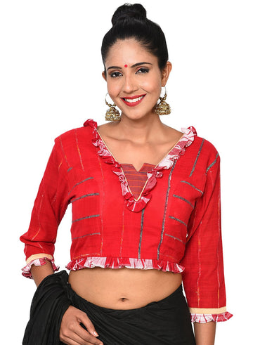 Blouse - Bengali traditional blouse with frill sleeves - Prathaa | handloom blouse online | red blouse women