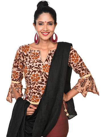 Blouse - Brown Batik bell sleeves blouse - Prathaa
