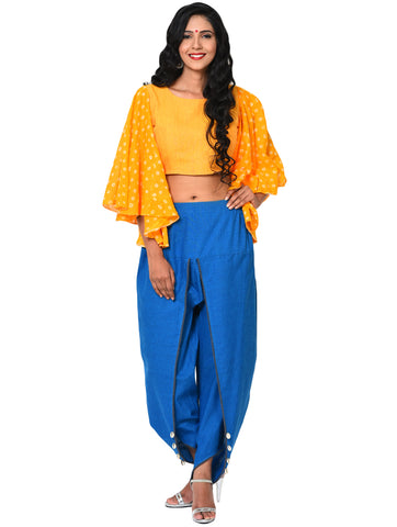 Blouse - Yellow Half Peplum Blouse with Umbrella Sleeve - Prathaa