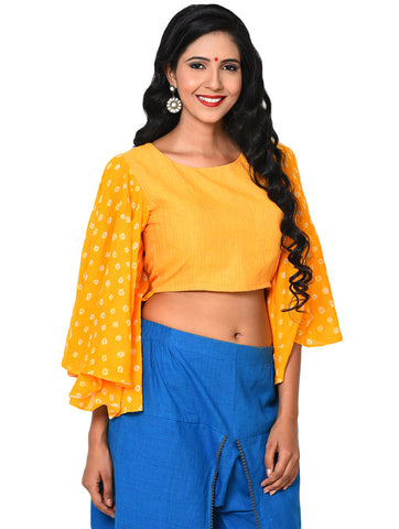 Blouse - Yellow Half Peplum Blouse with Umbrella Sleeve - Prathaa