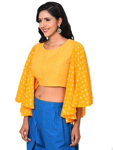 Blouse - Yellow Half Peplum Blouse with Umbrella Sleeve - Prathaa