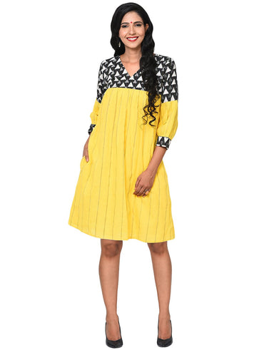 Dress - Yellow khesh dress with kantha yoke - Prathaa