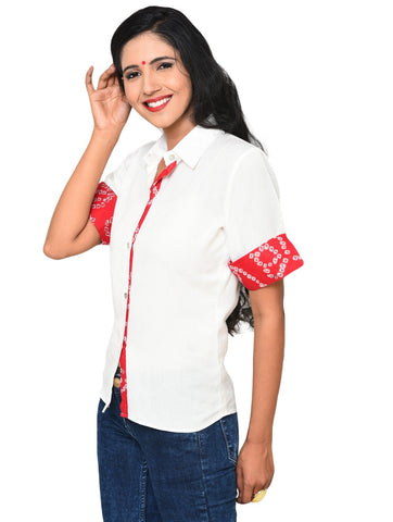 Top - White Formal Shirt with Bandhani Border - Prathaa