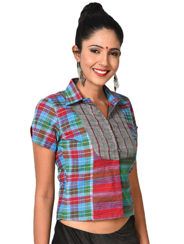 Top - Shirt Style Gamcha Crop Top - Prathaa