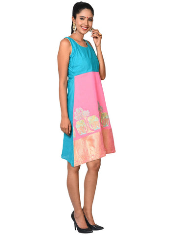 Dress - Pink knee length dress with blue yoke - Prathaa