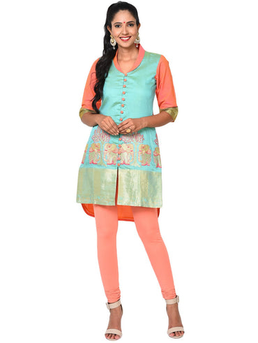 Tunic - Blue and Coral Tunic with Front Opening - Prathaa