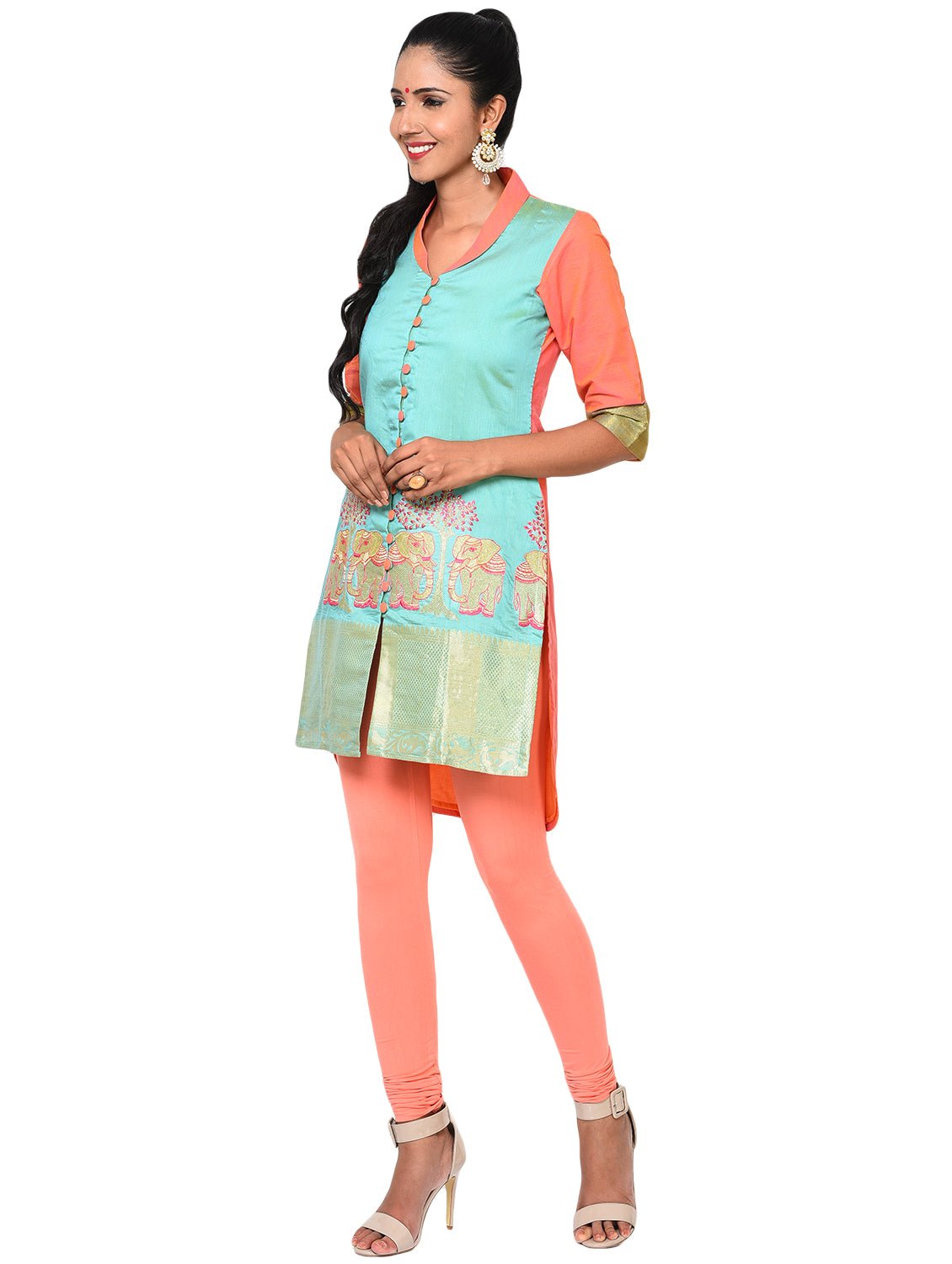 Tunic - Blue and Coral Tunic with Front Opening - Prathaa