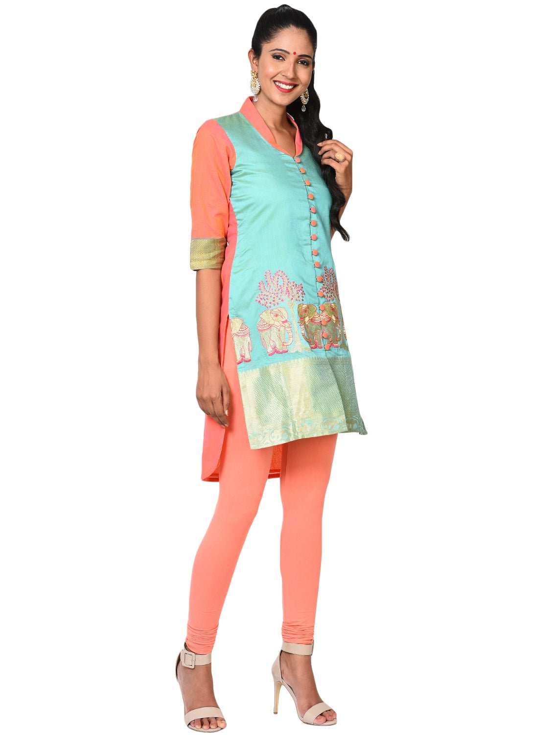 Tunic - Blue and Coral Tunic with Front Opening - Prathaa