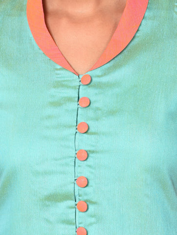 Tunic - Blue and Coral Tunic with Front Opening - Prathaa
