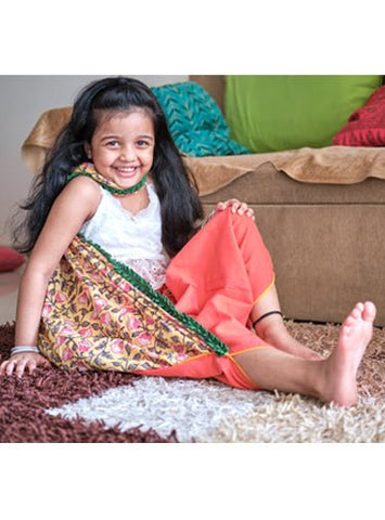 Kids Peach and Yellow Floral Dhoti Drape - Prathaa - weaving traditions