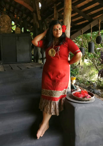 Dress - Kala cotton maroon angrakha style dress with border - Prathaa