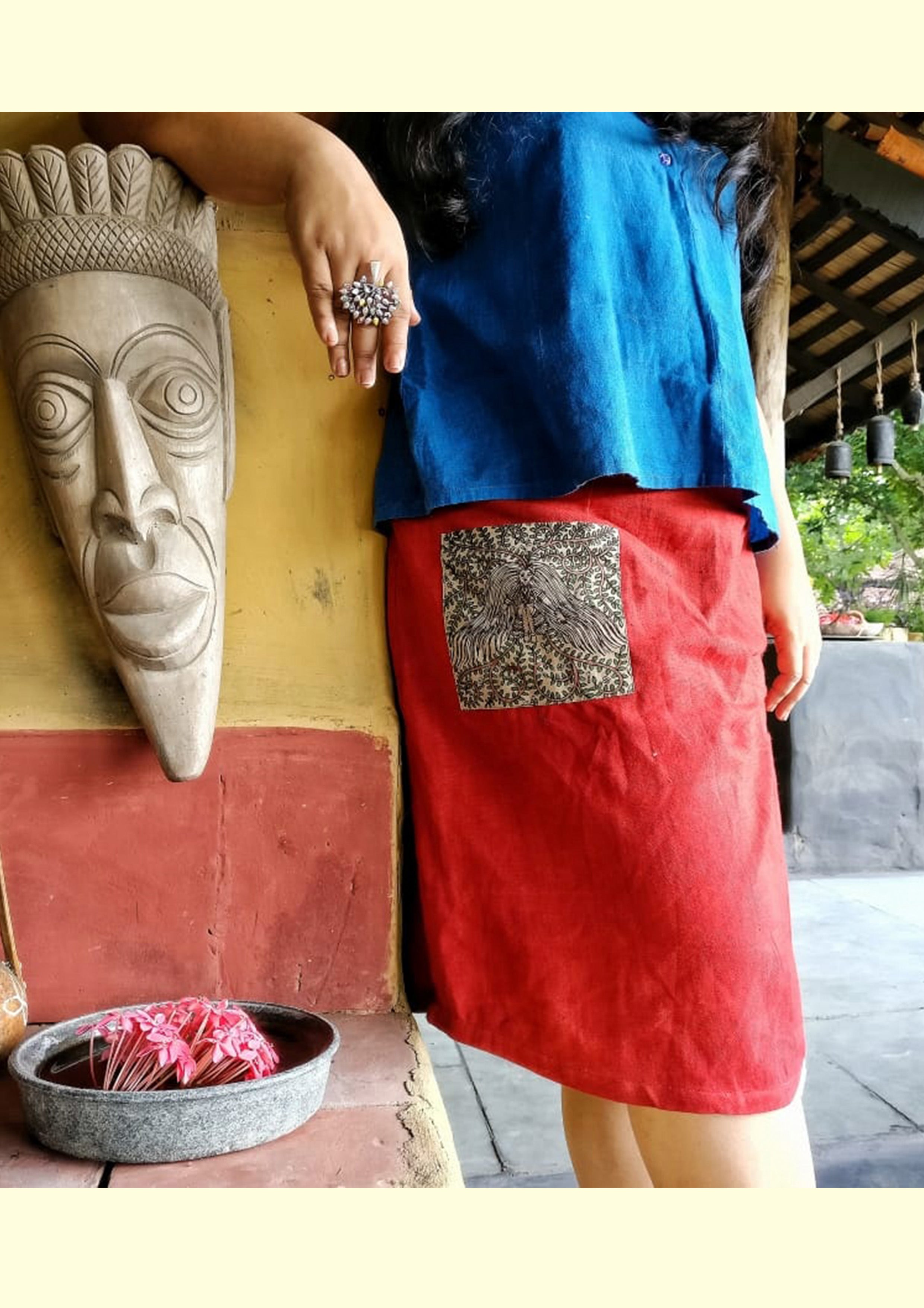 Bottom - Kala cotton maroon knee length skirt with pocket - Prathaa