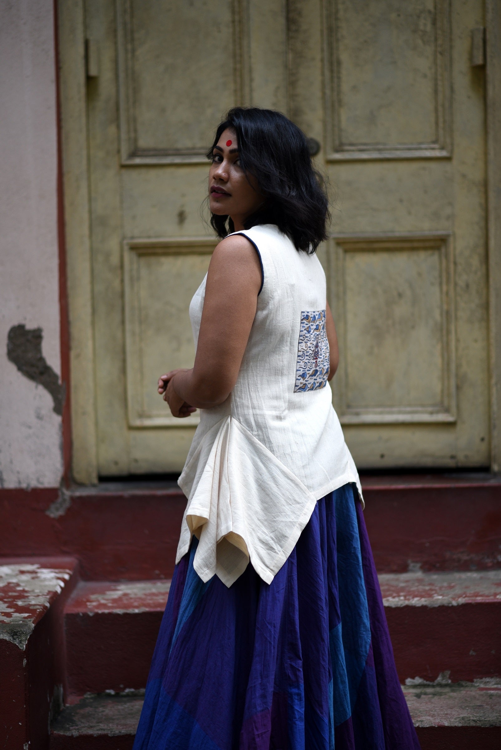 Top - Kala cotton white flare top with patch work. - Prathaa