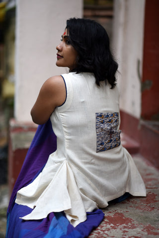 Top - Kala cotton white flare top with patch work. - Prathaa