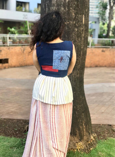 Blouse - Kala cotton indigo blouse with half peplum and patch work. - Prathaa