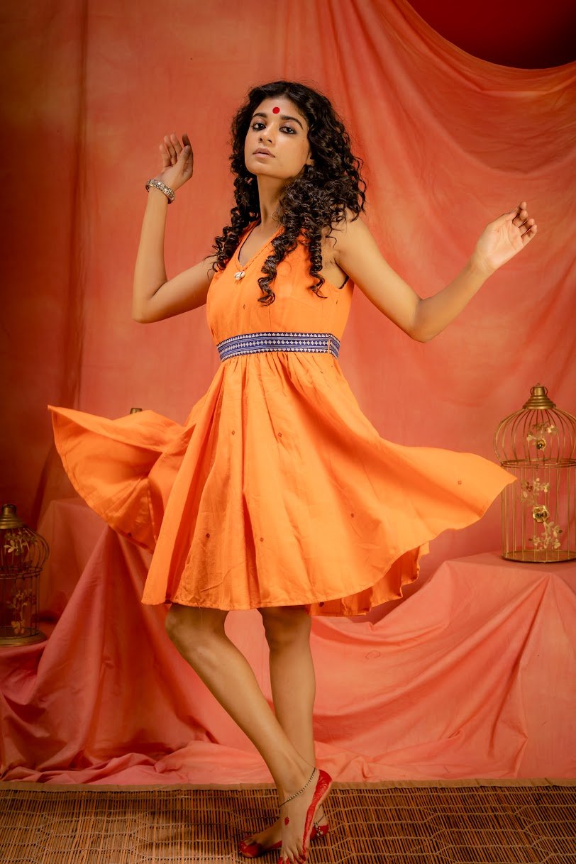 Saanjh- Orange Kotpad Handloom Cotton dress | Prathaa