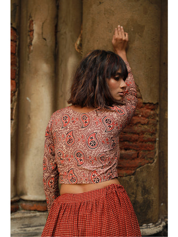 Blouse - Grey Ajrakh Print Full Sleeves Blouse - Prathaa
