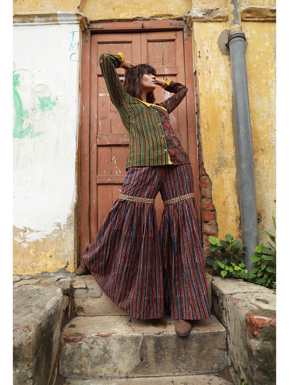 Bottom - Blue Ajrakh Print Sharara - Prathaa