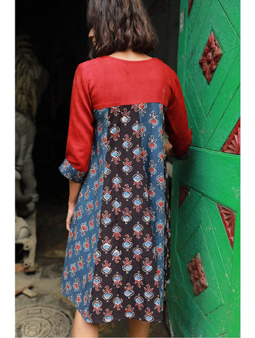 Dress - Black and Indigo Ajrakh Print Flare Dress - Prathaa