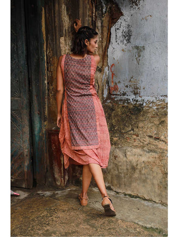 Dress - Grey and Brown Ajrakh Mul Print Dress - Prathaa