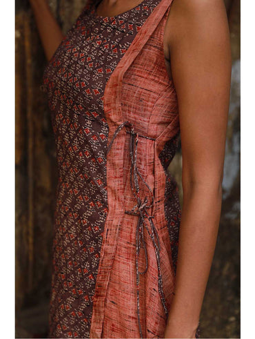 Dress - Grey and Brown Ajrakh Mul Print Dress - Prathaa