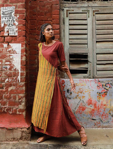 Dress - Yellow And Maroon Half Angrakha Maxi Dress - Prathaa