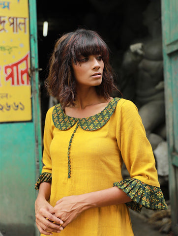 Dress - Mustard Yellow Kala Cotton Dress - Prathaa