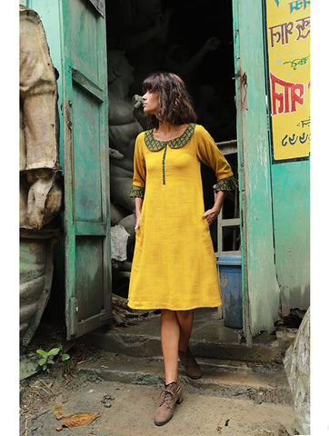 Dress - Mustard Yellow Kala Cotton Dress - Prathaa