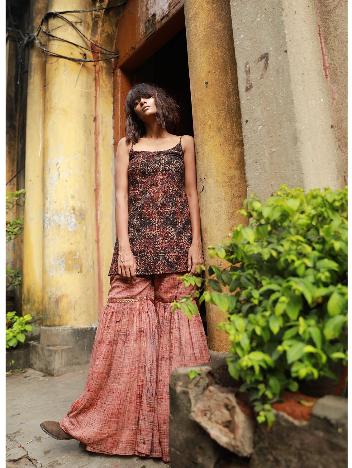  - Brown Ajrakh Print Spaghetti Tunic - Prathaa