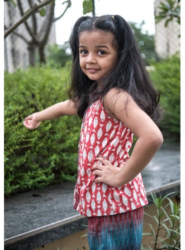 Kids Red Fish Print And Ikat Top - Prathaa - weaving traditions
