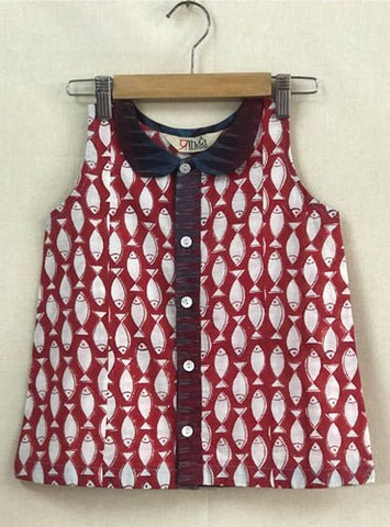 Kids Red Fish Print And Ikat Top - Prathaa - weaving traditions