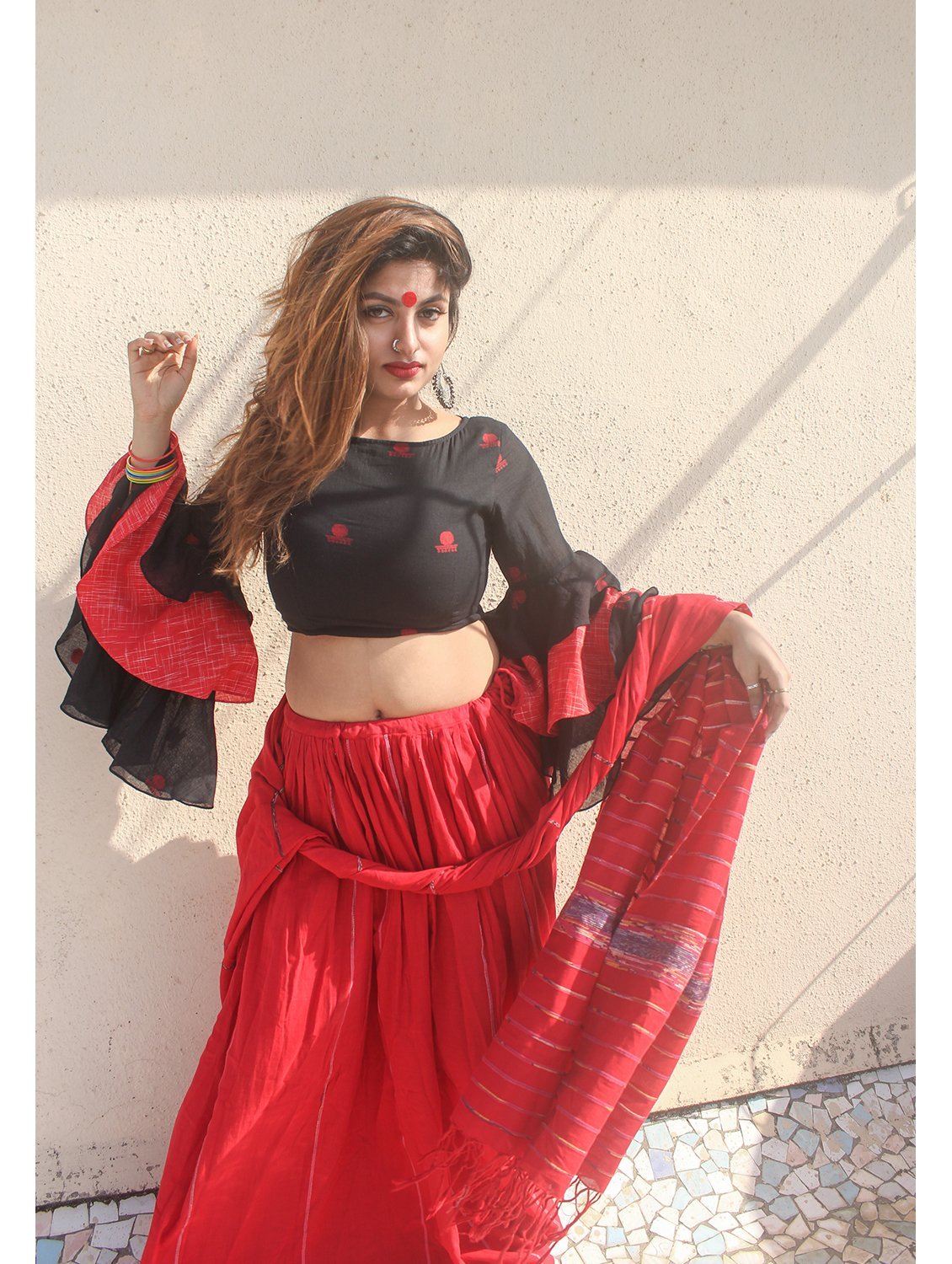 Black Three Tier Flare Sleeves Blouse in Jamdani Fabric - Prathaa - weaving traditions | red festive wear for women