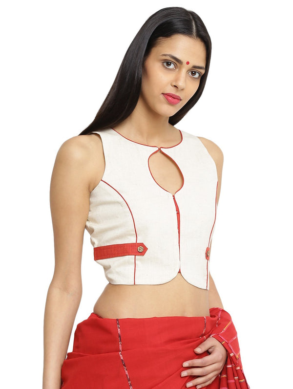 Off white Sleeveless Handloom Blouse With Patch | Prathaa | off white full sleeve blouse | festival dress for women